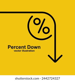 Icono de porcentaje de línea descendente. Icono de disminución de tasa de interés o porcentaje de baja. Flecha abajo. Finanzas y dinero. Tipo de interés. Banca y crédito. Concepto de inversión. Diseño plano de ilustración vectorial.
