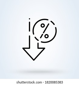 Percent down sign line icon or logo. interest rate reduction or percent down concept. Down arrow discounts vector linear illustration.
