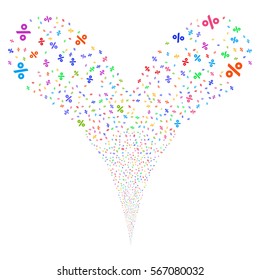 Percent fireworks stream. Vector illustration style is flat bright multicolored iconic symbols on a white background. Object double fountain done from random symbols.