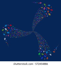 Percent fireworks swirl rotation. Vector illustration style is flat bright multicolored iconic symbols on a blue background. Object twirl combined from random pictographs.