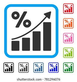 Percent Growing Graph Trend icon. Flat gray iconic symbol in a blue rounded rectangular frame. Black, gray, green, blue, red, orange color versions of Percent Growing Graph Trend vector.