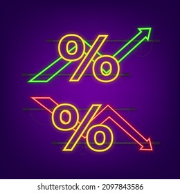 Percent growth chart. Credit percentage symbol. Neon style. Vector illustration.