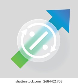 Percent growth chart line graph with glassmorphism effect. Transparent glass blur button on green blue gradient arrow. Discount and sale percentage sign in circle. Business graphic. Diagram direction