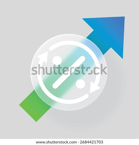 Percent growth chart line graph with glassmorphism effect. Transparent glass blur button on green blue gradient arrow. Discount and sale percentage sign in circle. Business graphic. Diagram direction