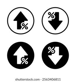 Percent growth and decline arrow icon on black circle. Percentage up and down arrows concept