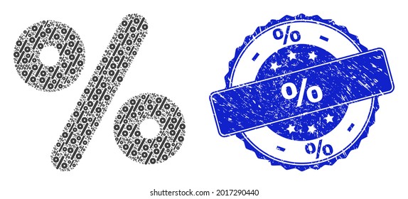 percent grunge round seal print and vector fractal mosaic percent. Blue stamp seal includes percent title inside round shape. Vector mosaic is created of repeating percent pictograms.