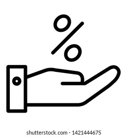 Percent and hand icon. Outline percent and hand vector icon for web design isolated on white background