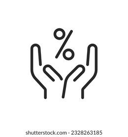 Percent in Hands Icon. Vector Linear Editable Sign of  Hands Holding a Discount Symbol. Ideal for Engagement in Savings, Price Reduction, Special Offers and Discounts.