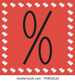 Percent icon flat. Simple black pictogram on red background with white hearts for valentines day. Vector illustration symbol