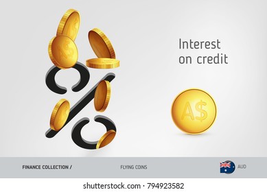 Percent icon with flying Australian Dollar coins, finance concept. Vector illustration for print, websites, web design, mobile app, infographics.