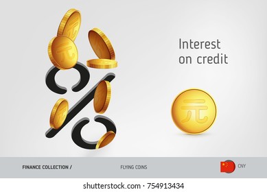 Percent icon with flying Chinese Yuan coins coins, finance concept. Vector illustration for print, websites, web design, mobile app, infographics.