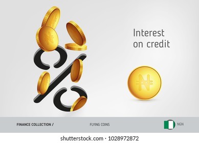 Percent icon with flying Nigerian Naira coins, finance concept. Vector illustration for print, websites, web design, mobile app, infographics.