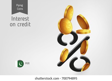 Percent icon with flying Pakistani Rupee coins, finance concept.