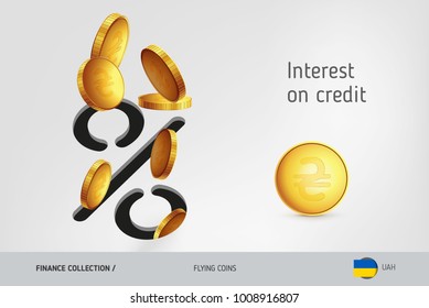 Percent icon with flying Ukrainian Hryvnia coins, finance concept. Vector illustration for print, websites, web design, mobile app, infographics.