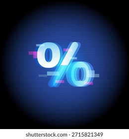 Icono de porcentaje con efecto de fallo en el fondo de tecnología futurista. Concepto de descuento, promoción de ventas, estrategia de Precios, marketing de comercio electrónico y negocios digitales.