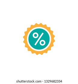 Percent icon in orange and blue circle with ribbon outline isolated on white. Sales sign. Percentage flat icon. Financial symbol.