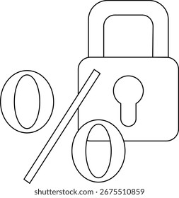 ícone de porcentagem e ícone de cadeado com fundo branco.com linhas pretas