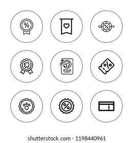 Percent icon set. collection of 9 outline percent icons with badge, coupon, discount, discounts icons. editable icons.