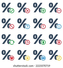 percent icons set with different colorful symbols, loan or interest marks