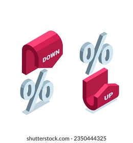 percent isometric icon and up and down arrows in color on a white background, increasing and decreasing percentage