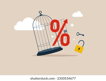 Percent with key free himself from cage. Freedom concept. Modern vector illustration in flat style 