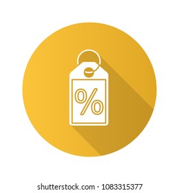 Percent label flat design long shadow glyph icon. Discount offer tag. Sale. Vector silhouette illustration