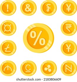 Percent, letter, coin color icon in a collection with other items