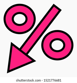 Percent lowering icon. Lower income. Cheaper discount. Lower interest rate of the bank. Profit reduction.Interest rate reduction or percent down. Price drop. Discount on goods. Vector icon.