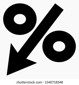 Percent Lowering Icon. Lower Income. Cheaper Discount. Lower Interest Rate Of The Bank. Profit Reduction.Interest Rate Reduction Or Percent Down. Price Drop. Discount On Goods. Vector Icon.