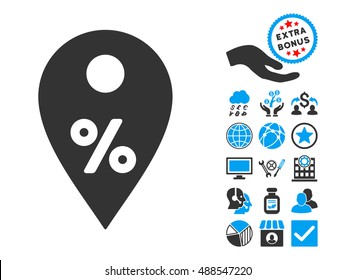 Percent Map Marker icon with bonus design elements. Vector illustration style is flat iconic bicolor symbols, blue and gray colors, white background.