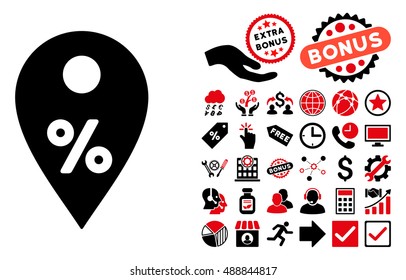 Percent Map Marker icon with bonus elements. Vector illustration style is flat iconic bicolor symbols, intensive red and black colors, white background.