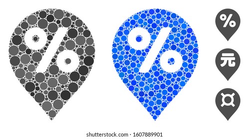 Percent map marker mosaic of filled circles in various sizes and color tones, based on percent map marker icon. Vector random circles are grouped into blue mosaic.