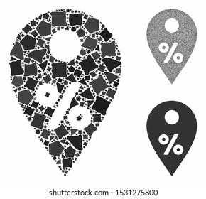 Percent map marker mosaic of tremulant items in variable sizes and color tints, based on percent map marker icon. Vector raggy items are combined into mosaic.