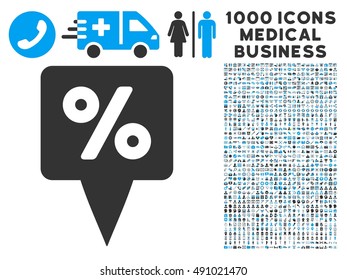 Percent Map Pointer icon with 1000 medical commercial gray and blue vector pictographs. Collection style is flat bicolor symbols, white background.