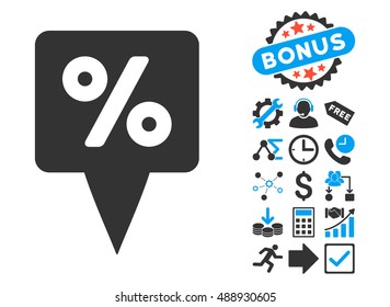 Percent Map Pointer pictograph with bonus symbols. Vector illustration style is flat iconic bicolor symbols, blue and gray colors, white background.