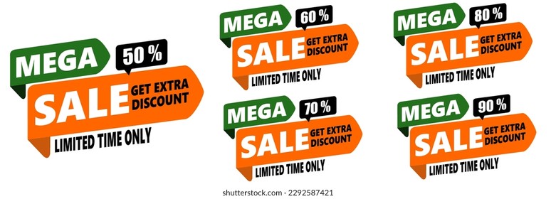 percent mega sale label icon on collection set. green, orange and black vector banner template. 50%, 60%, 70%, 80%, 90%.