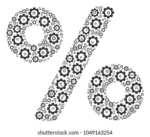 Percent mosaic of cogwheels. Vector cog elements are composed into percent shape.