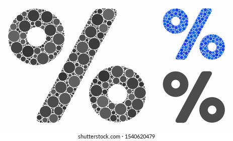 Percent mosaic of filled circles in different sizes and color tints, based on percent icon. Vector random circles are united into blue collage. Dotted percent icon in usual and blue versions.