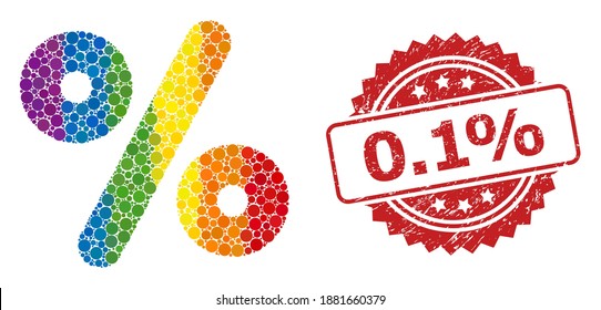 Percent mosaic icon of circle dots in variable sizes and LGBT colored color tones, and 0.1 percent unclean rosette seal print. A dotted LGBT-colored Percent for lesbians, gays, transgenders, and
