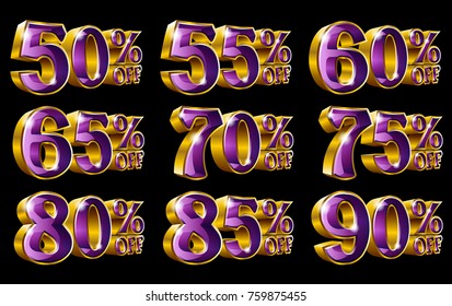 Percent off discount golden 3D illustrations on black background