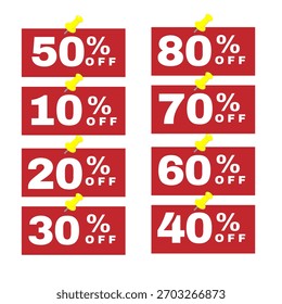  Percent off sticker set featuring discount numbers from 10% to 80%, perfect for promotions, sales banners, online shops, and marketing designs.