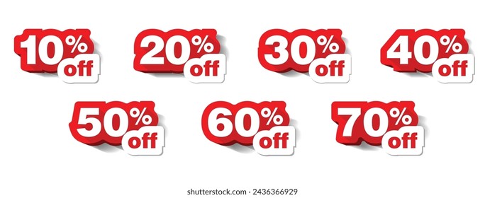 Percent off stickers set. Discounts numbers from 10% to 70%. Vector on transparent background