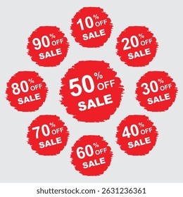 Percent off stickers set. Discounts numbers from 10% to 90%. Vector on transparent background