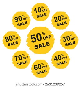 Percent off stickers set. Discounts numbers from 10% to 90%. Vector on transparent background