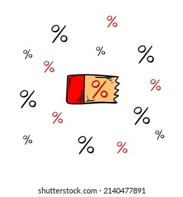 % von Ticketskizze Vektorsymbol. Handgezeichnete Illustration zum Verkauf. Werbung für schwarze Freitage