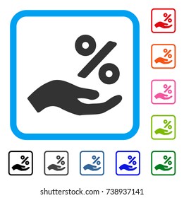 Percent Offer Hand icon. Flat grey pictogram symbol inside a light blue rounded rectangle. Black, gray, green, blue, red, orange color additional versions of Percent Offer Hand vector.