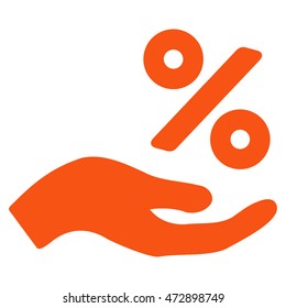 Percent Offer Hand icon. Vector style is flat iconic symbol with rounded angles, orange color, white background.