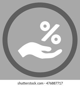 Percent Offer Hand vector bicolor rounded icon. Image style is a flat icon symbol inside a circle, dark gray and white colors, silver background.