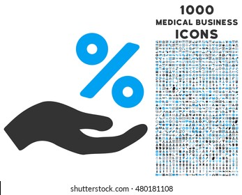 Percent Offer Hand vector bicolor icon with 1000 medical business icons. Set style is flat pictograms, blue and gray colors, white background.