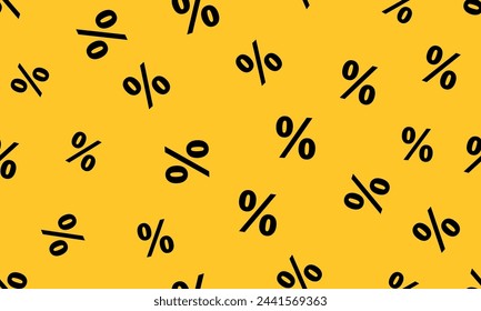 Percent pattern black and yellow background. Percentage seamless pattern. Cackground for discount, sale, price. Wallpaper for shop, tax and offer. Promotion texture for business, commerce